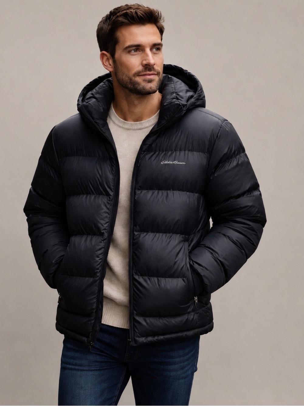 Eddie Bauer 650 Fill Power Hooded Down Jacket Men’s Black Med New $199